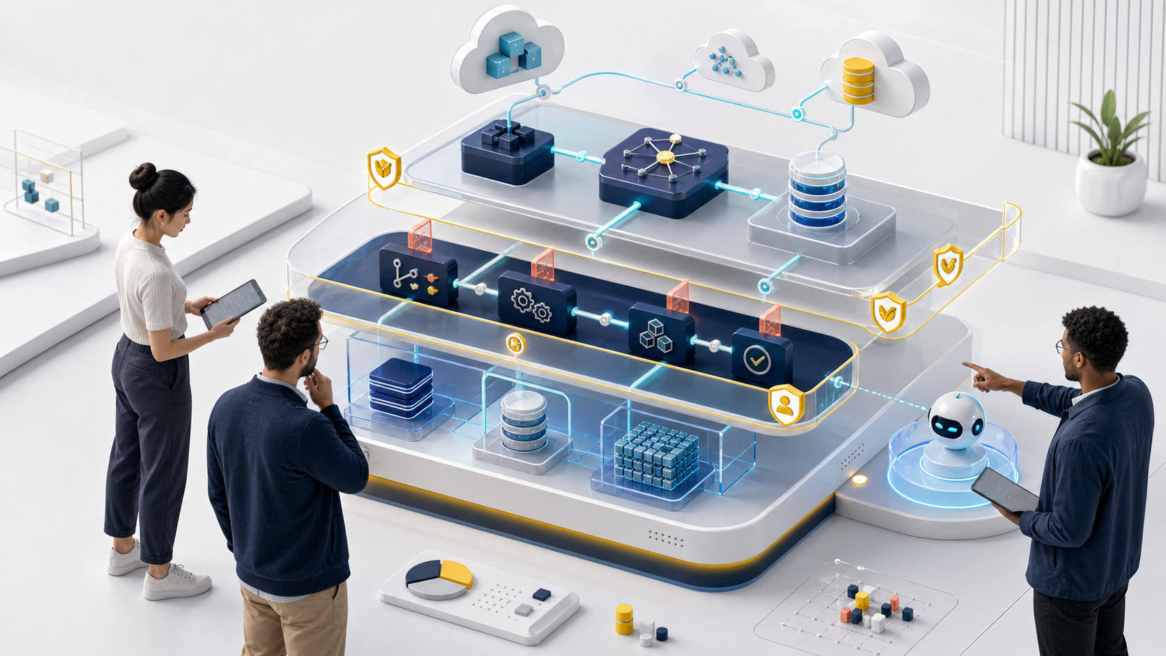 Equipo técnico revisando una arquitectura SaaS protegida con servicios cloud, datos, pipeline y agente de IA.